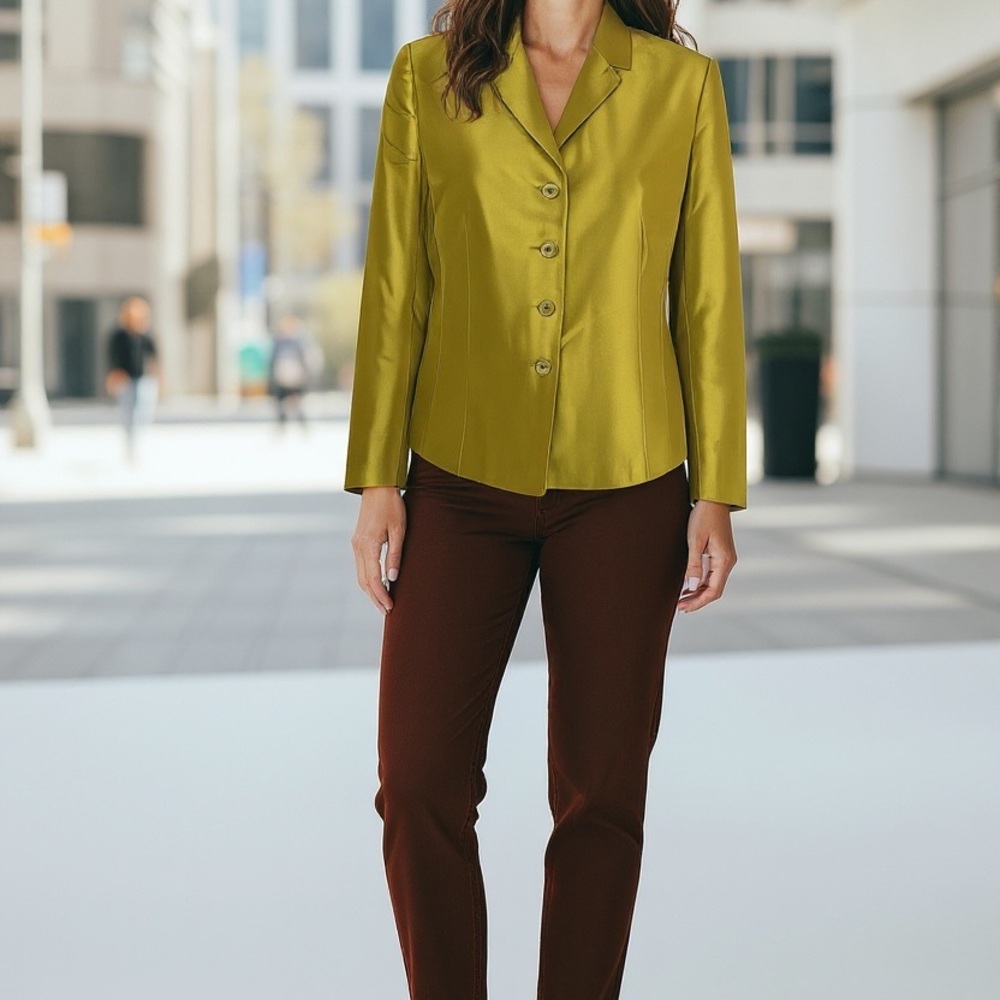 SILK BLAZER ANN TAYLOR LOFT Chartreuse Green Dupioni Silk comfortable holiday - Picture 15 of 15